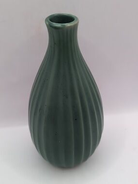Asian Inspired Celadon / Olive Green Drip Glaze Ribbed Vase  Art Studio Pottery